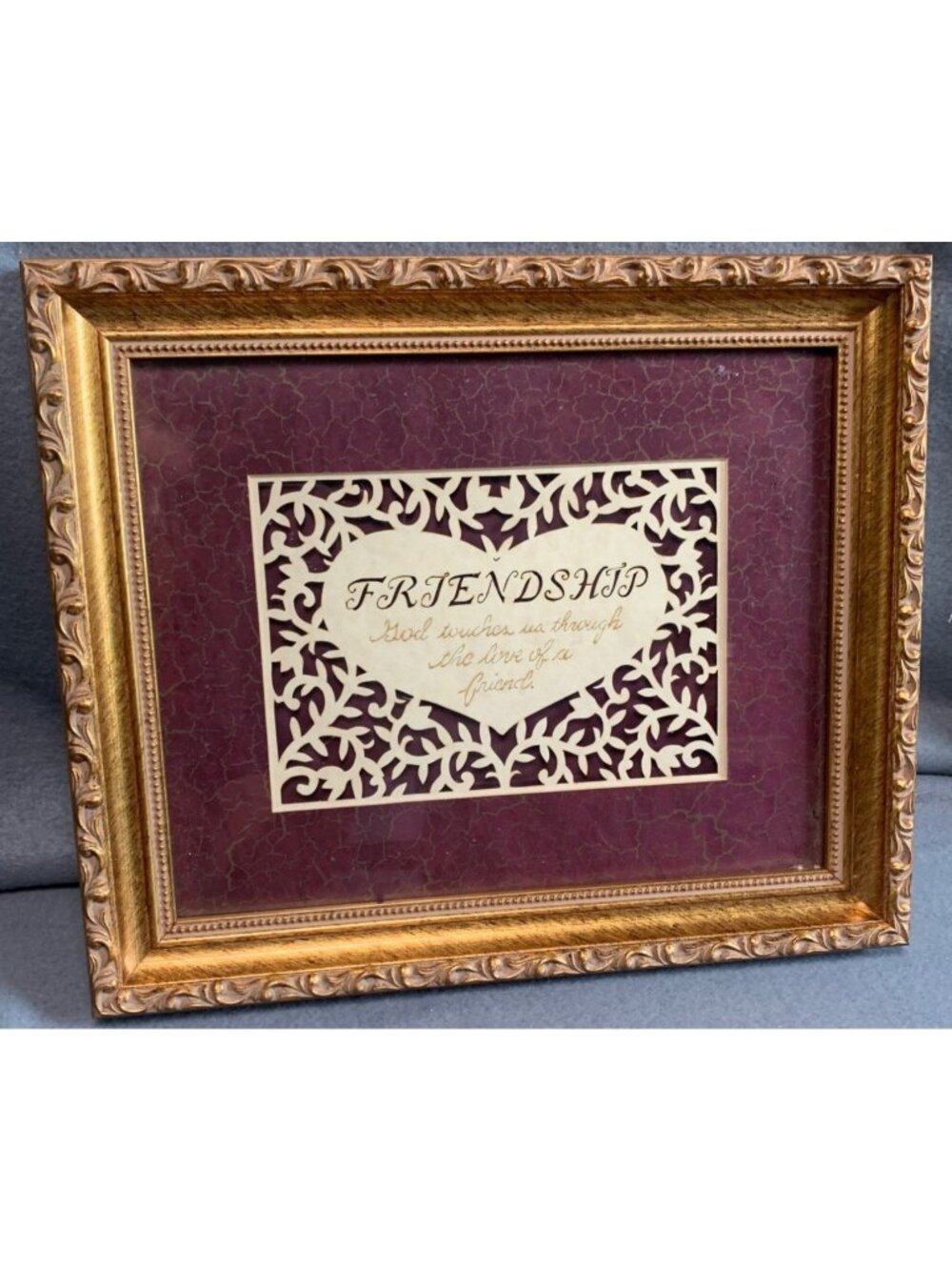 Friendship Framed Wall Art Ornate Gold Frame Burgundy Background 12x10 Vintage